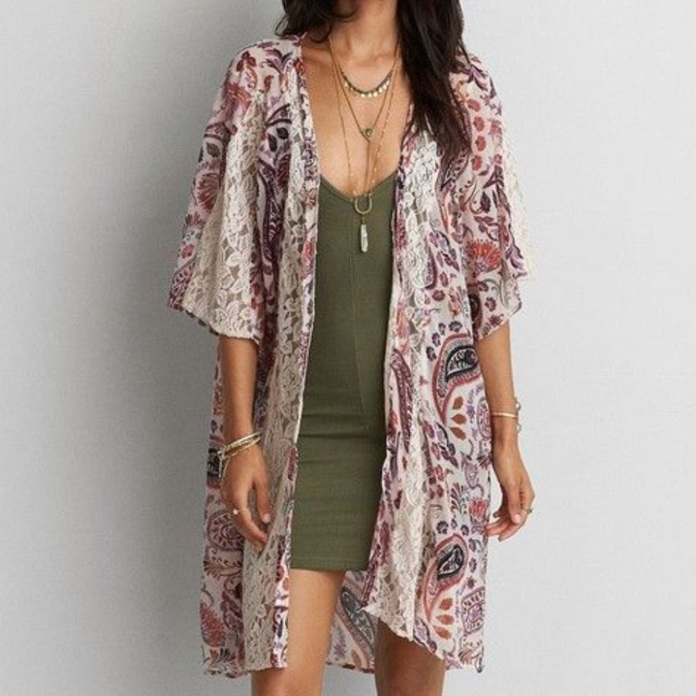American Eagle Long Orange White Paisley Kimono, NWT, Extra Small - Small, Lace
